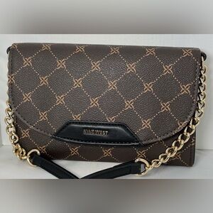 Nine West Patterned Brown Crossbody Bag Wallet Vegan Leather 7.5 x 5”